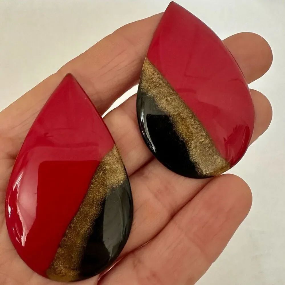Red black and gold large teardrop post earrings